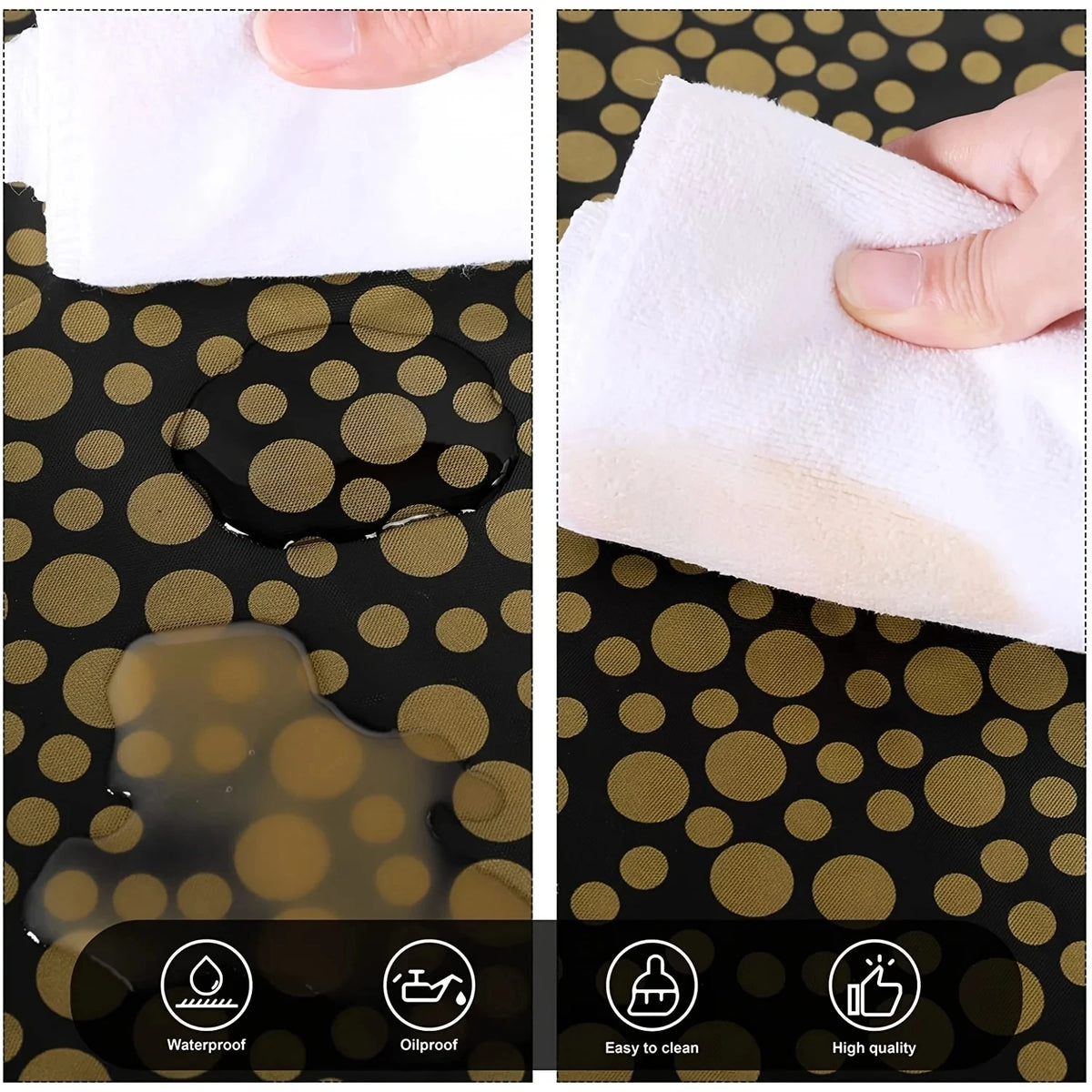 A white polka dot disposable tablecloth is shown being handled, highlighting its waterproof, oilproof, easy to clean, and hig
