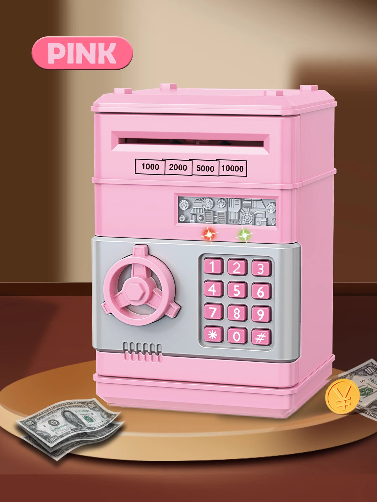 A pink password saving piggy bank with a numeric keypad and slots for currency is displayed on a wooden surface.
