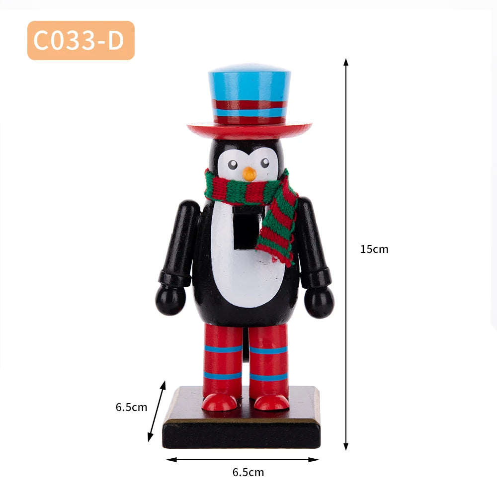 A wooden nutcracker soldier ornament with a blue hat, red and white striped jacket, and a green scarf.