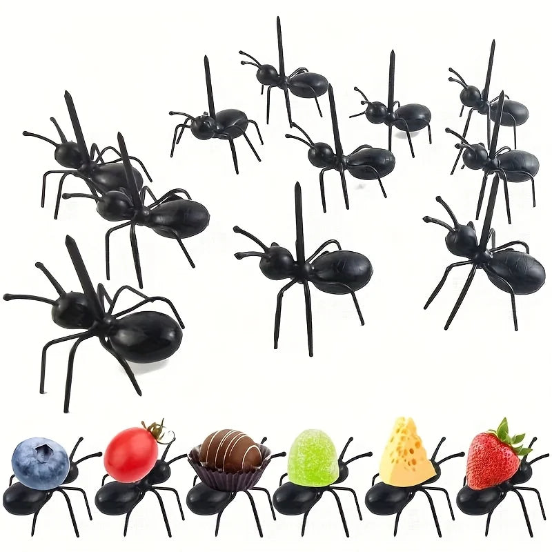 A collection of reusable black ant-shaped plastic toothpicks and fruit forks for party snacks.