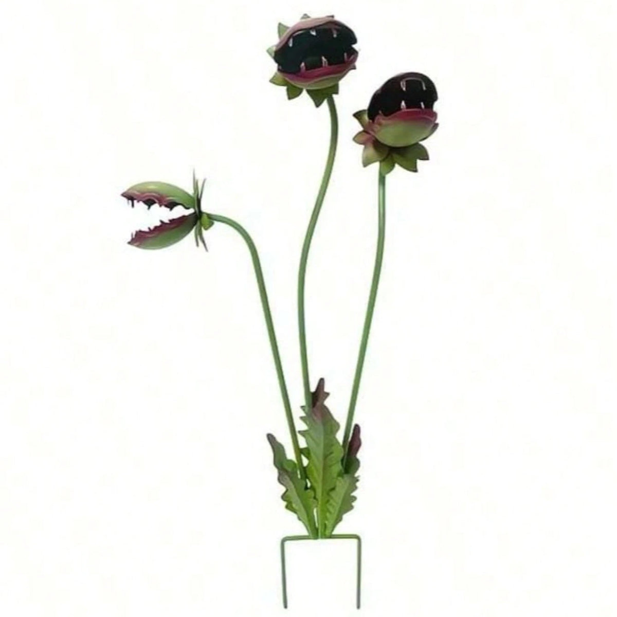 Decorative metal carnivorous flower garden stake with three flower heads