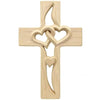 A light wood wall cross with two intertwined heart cutouts.