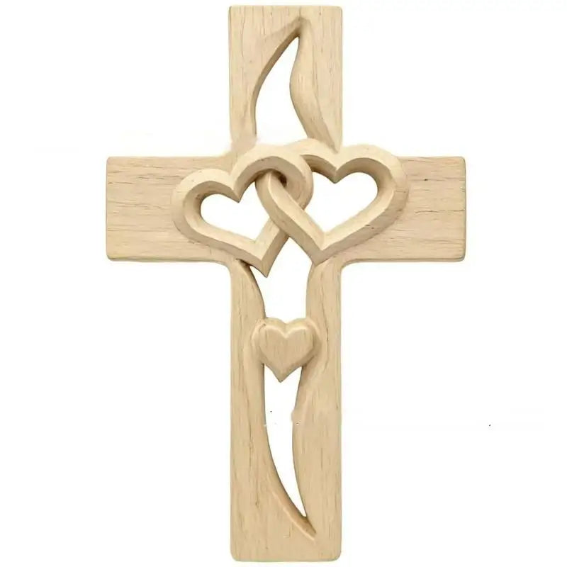 A light wood wall cross with two intertwined heart cutouts.
