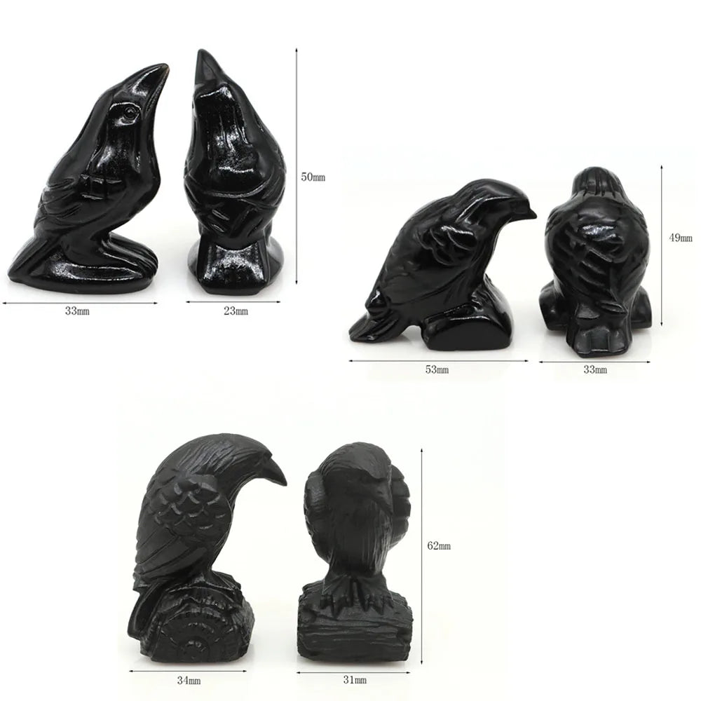 A collection of hand-carved black obsidian raven figurines shown with various dimensions.