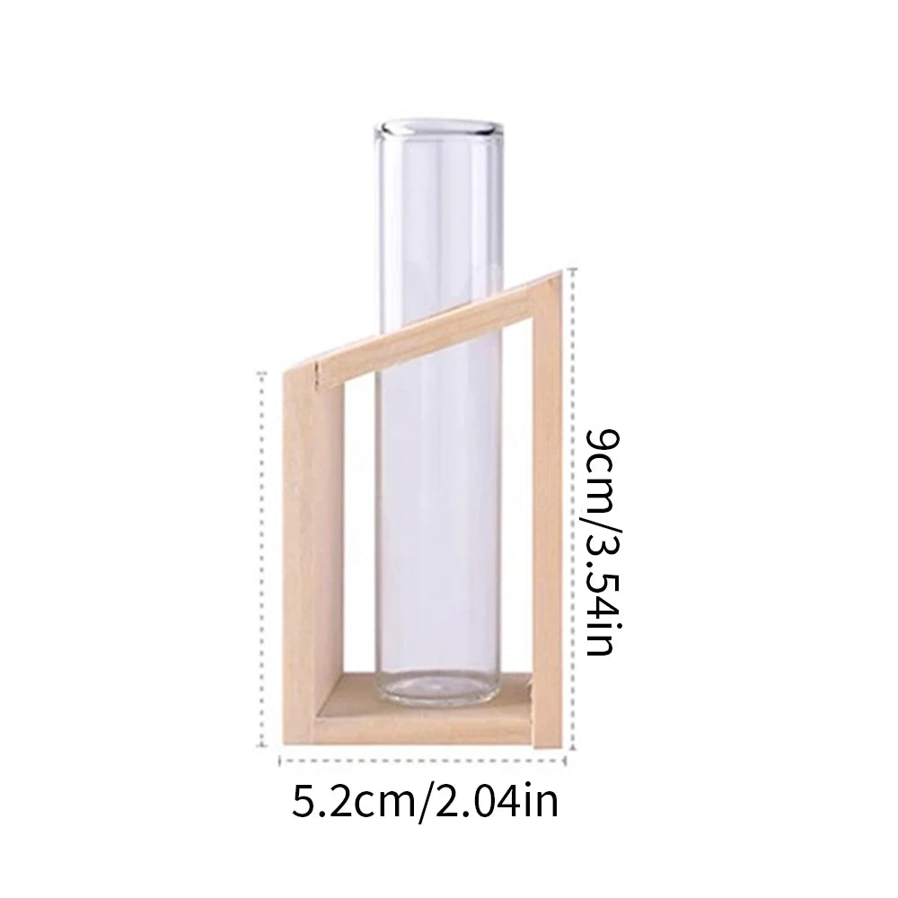 A glass test tube is held in a wooden frame stand for propagation.