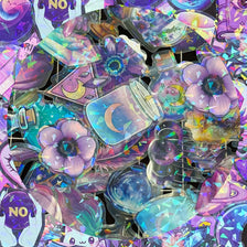 A colorful, abstract collage of laser cute magic witch graffiti stickers and decorative elements.