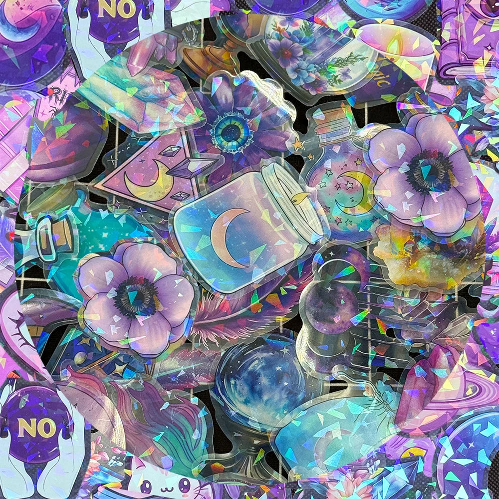 A colorful, abstract collage of laser cute magic witch graffiti stickers and decorative elements.