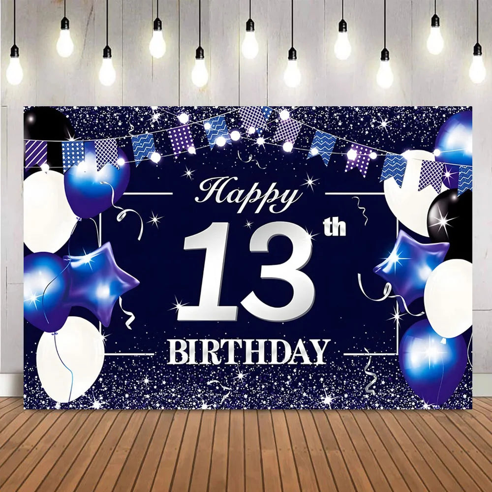 A dark blue party backdrop featuring silver and purple balloons, confetti, and string lights against a starry background.