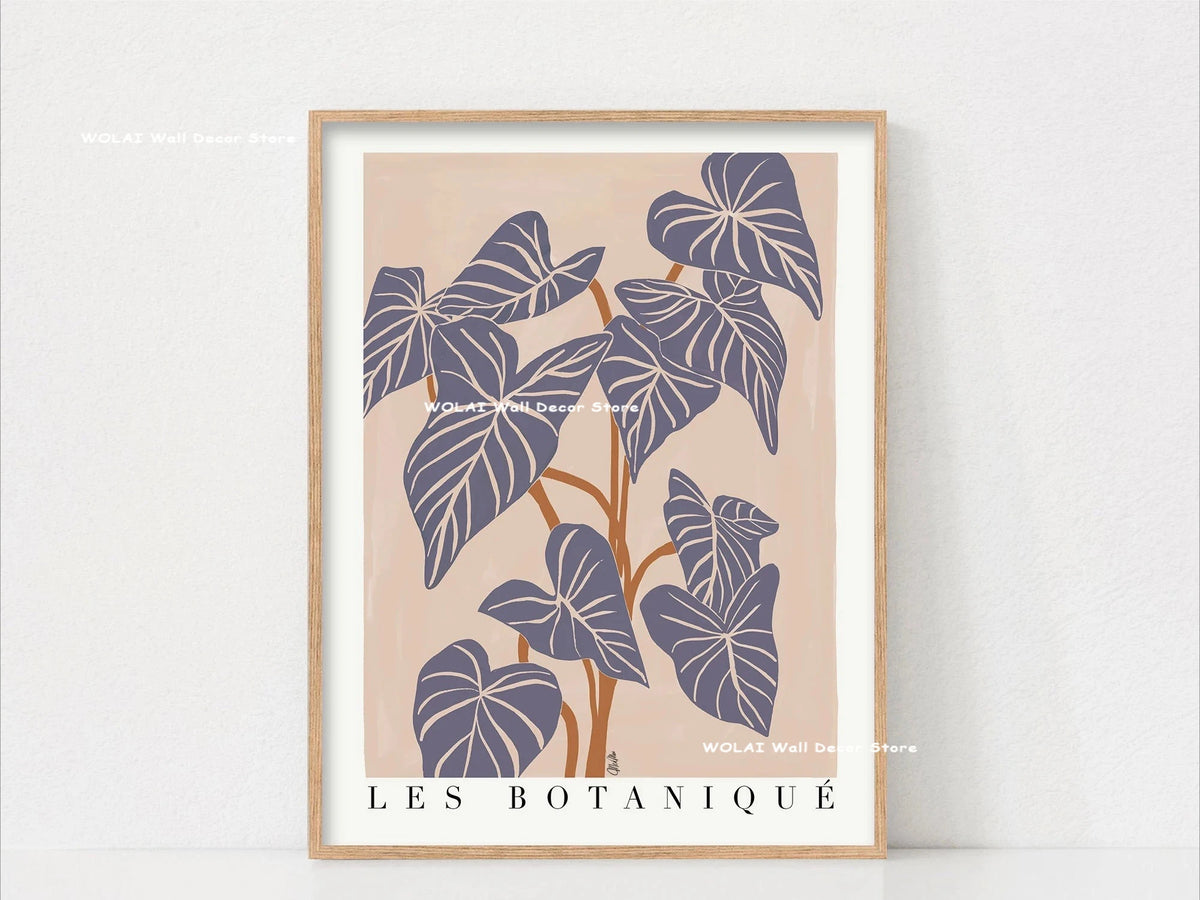 Wall art featuring a watercolor illustration of several purple philodendron leaves on a beige background.