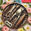 A collection of vintage wooden barber tools including scissors, combs, and razors arranged on a circular gold plate surrounde