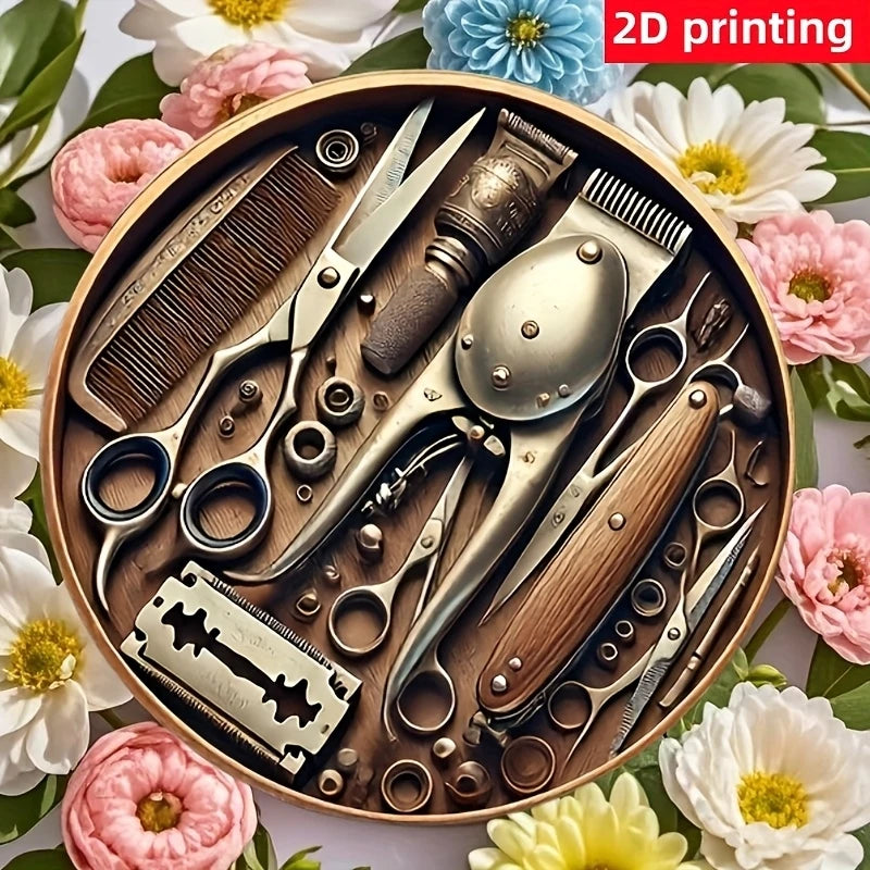 A collection of vintage wooden barber tools including scissors, combs, and razors arranged on a circular gold plate surrounde
