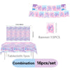 A set of pink and purple K-Pop themed birthday banner, tablecloth, and decorations.