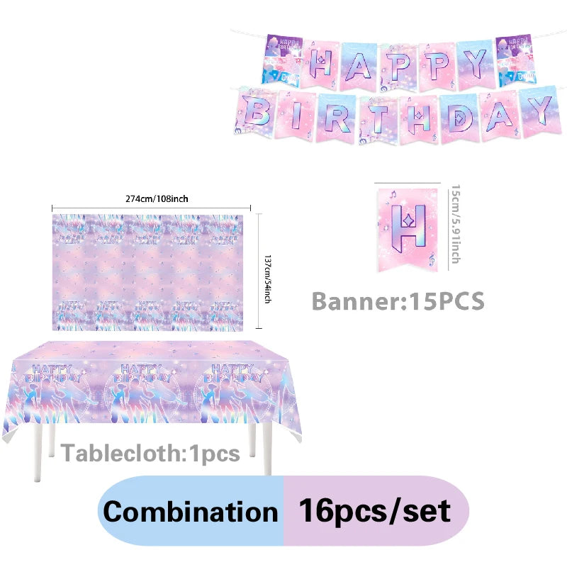 A set of pink and purple K-Pop themed birthday banner, tablecloth, and decorations.