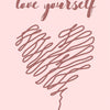 Hand-drawn script text that reads Love Yourself in a deep pink color on a light pink background.