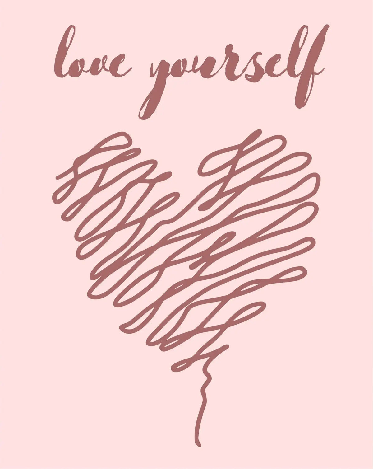 Hand-drawn script text that reads Love Yourself in a deep pink color on a light pink background.