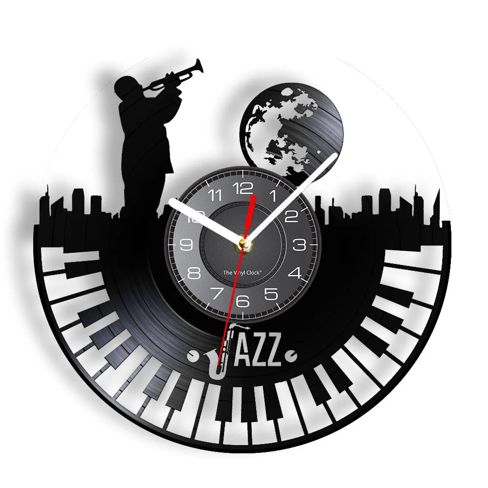 A black wall clock face decorated with silhouettes of a musician playing a trumpet and a vinyl record, featuring a musical sc