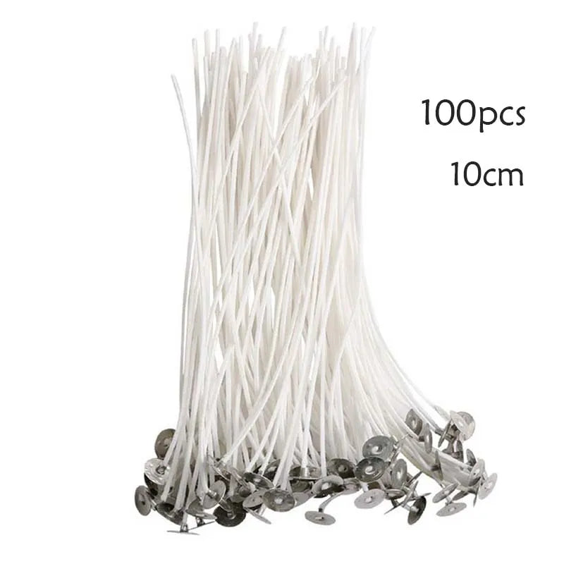 A bundle of 100 clear white braided cotton candle wicks, 10cm long.