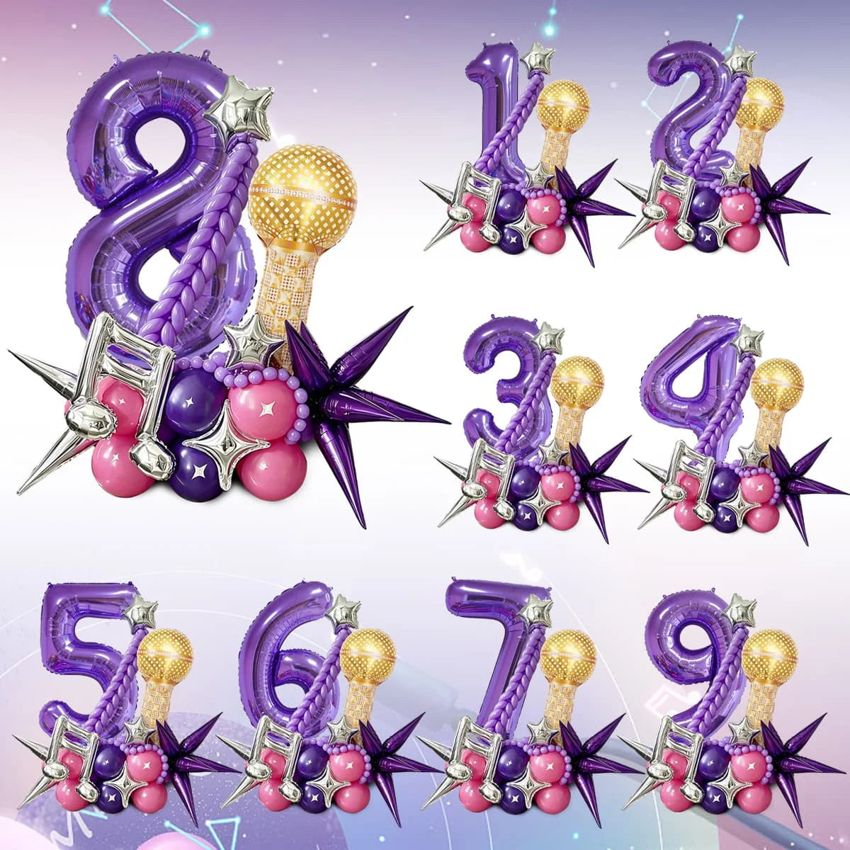 A set of decorative balloons shaped like numbers 8, 1, 2, 3, 4, 5, 6, 7, and 9 in purple and pink with gold accents.