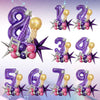 A set of decorative balloons shaped like numbers 8, 1, 2, 3, 4, 5, 6, 7, and 9 in purple and pink with gold accents.