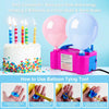 A pink and blue electric balloon tying tool is shown with instructions for inflating balloons.