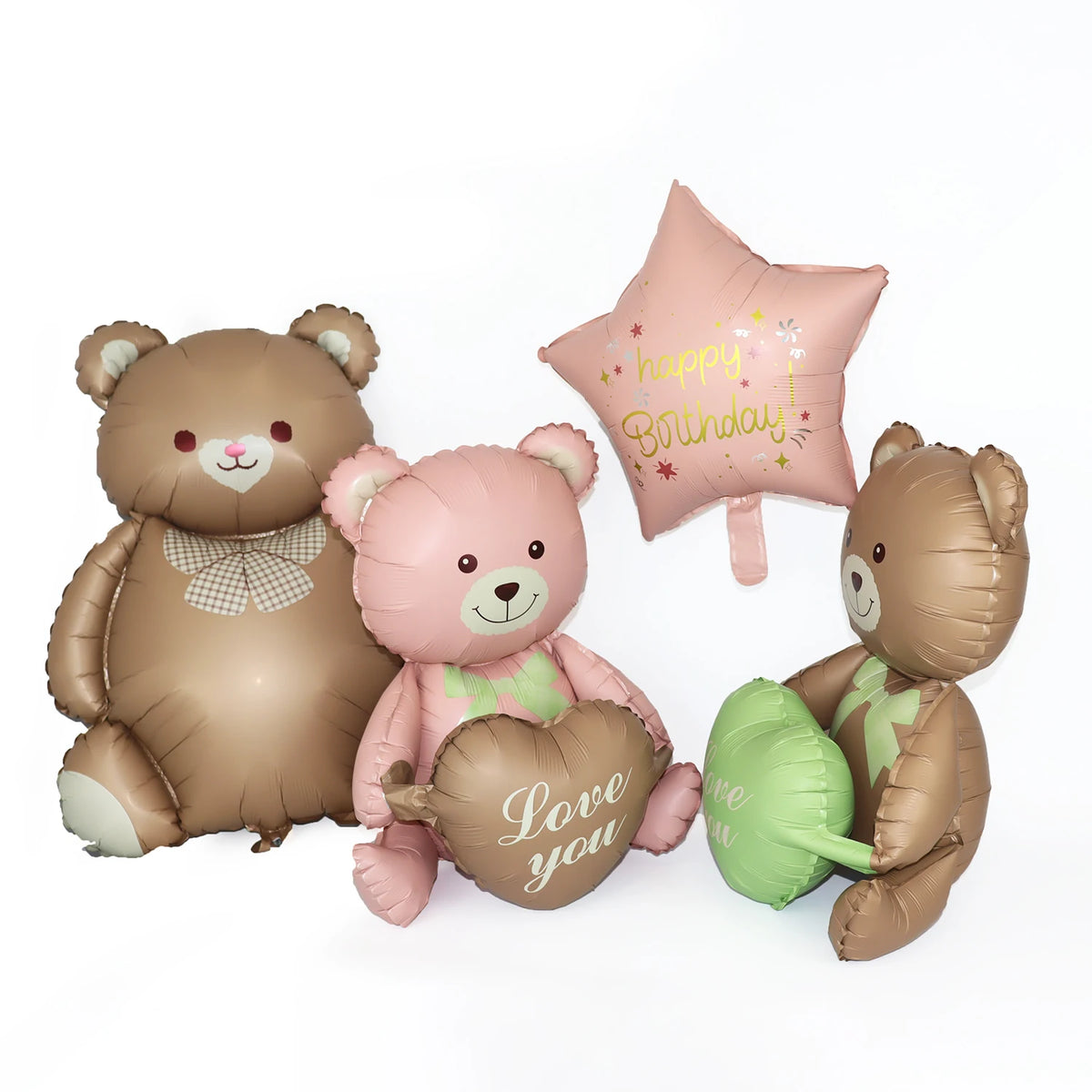 A set of three matte brown and pink bear foil balloons shaped like a heart, with one balloon featuring the text Happy Birthda