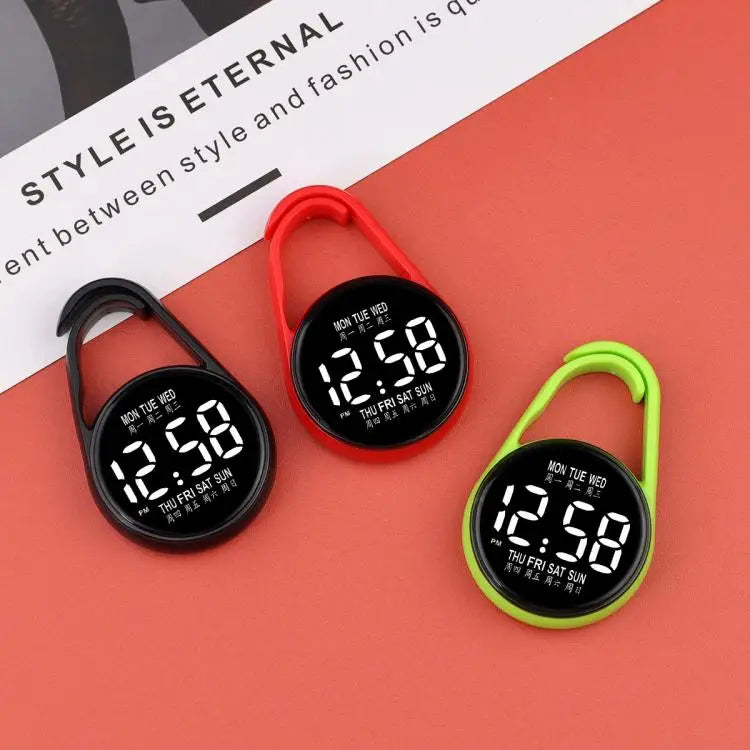 A set of three LED pocket watches in red, black, and lime green are displayed on a red background.