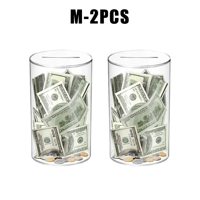 Two transparent acrylic money saving jars filled with US dollar bills