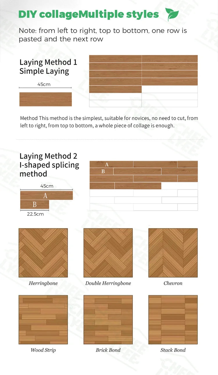 Guide showing multiple collage styles like simple laying, I-shaped splicing, and various bond methods for wood grain peel-and
