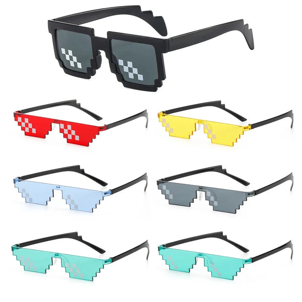 A collection of pixel mosaic sunglasses in various colors including black, red, yellow, blue, and teal.
