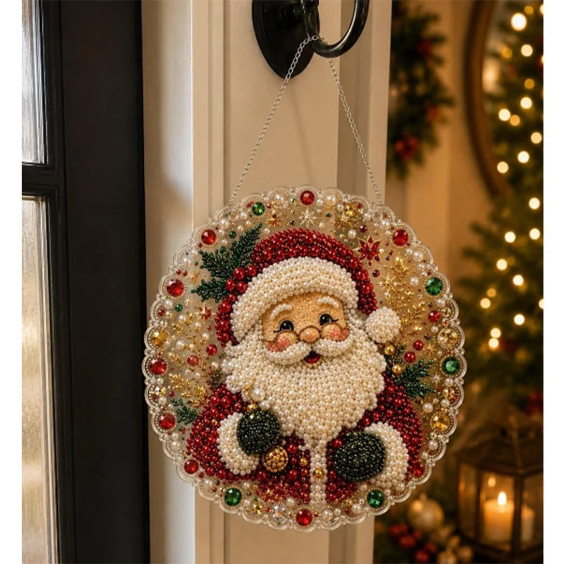 Christmas pearl diamond painting suncatcher kit with metal chain featuring Santa Claus and festive greenery
