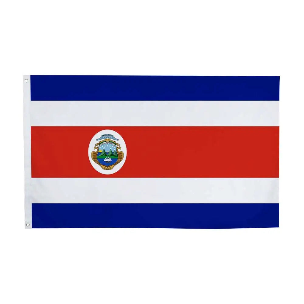 A rectangular flag design featuring horizontal stripes of blue, white, and red with a central emblem.