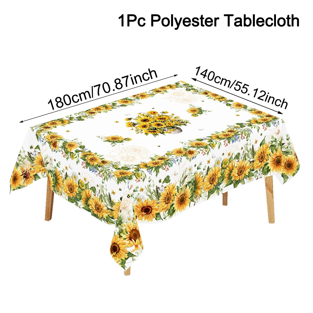 A 1 piece polyester tablecloth featuring a yellow and white sunflower print on a wooden table.
