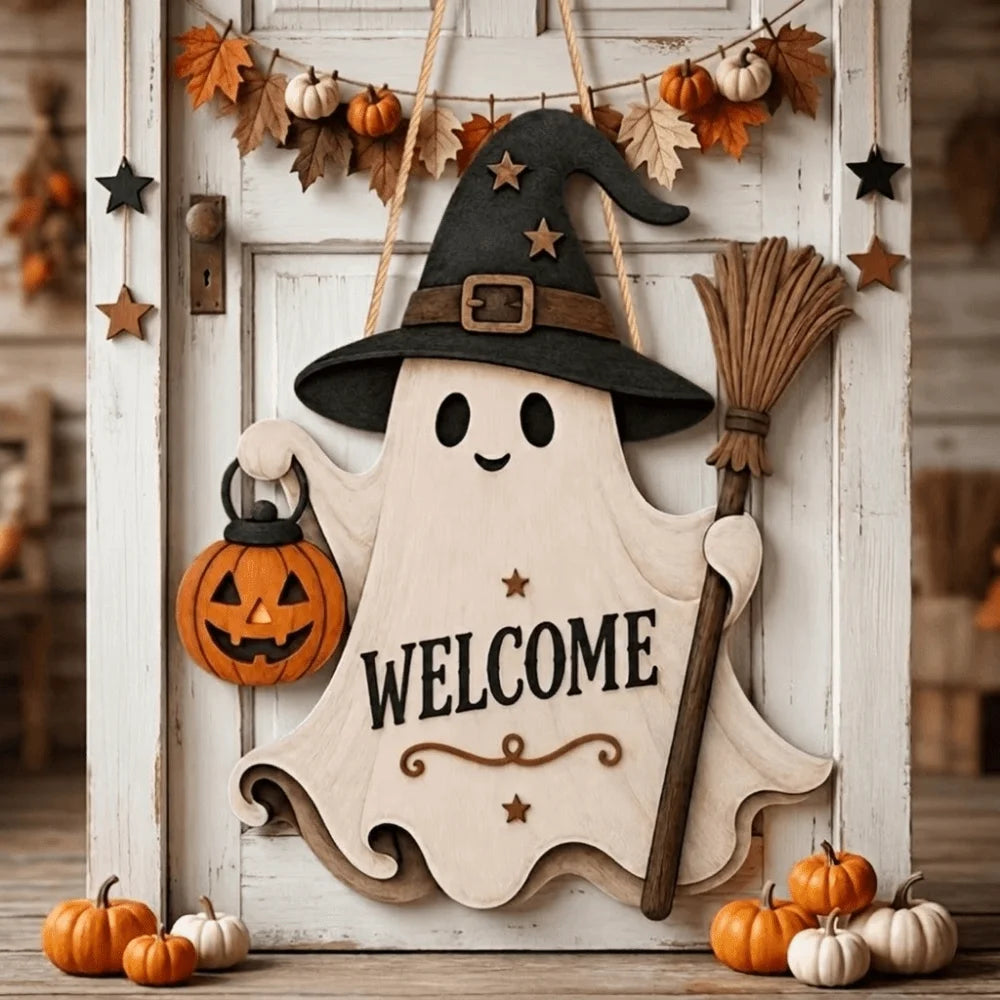 Wooden ghost door hanging featuring a witch hat design and an carved pumpkin.