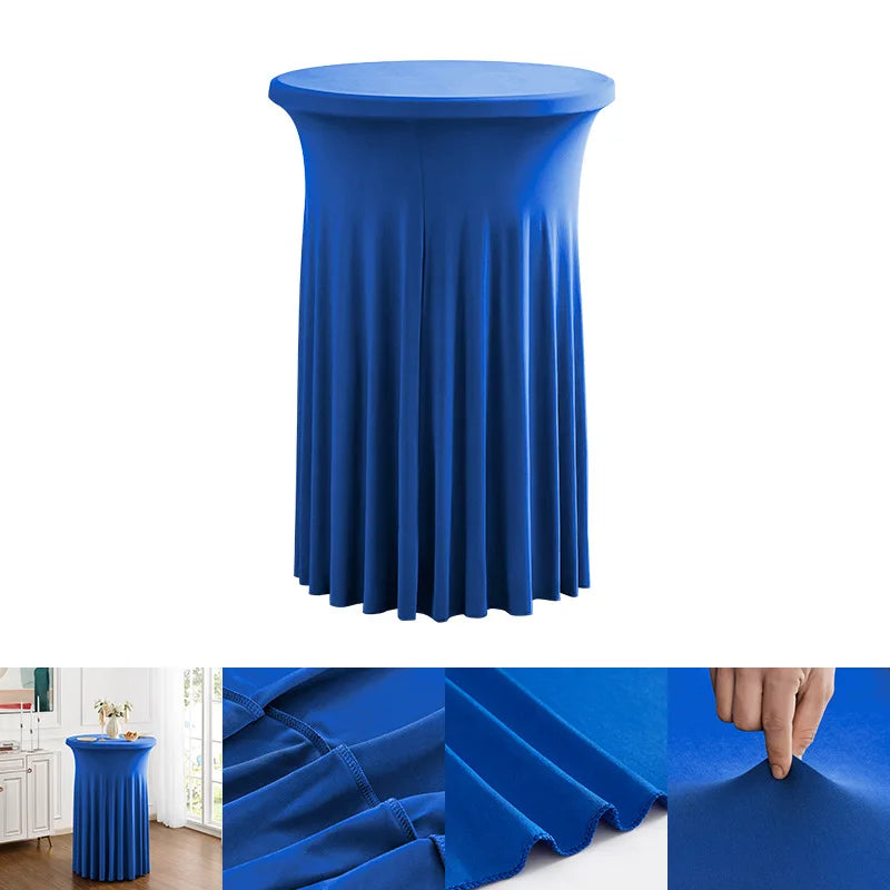 A royal blue stretch spandex cocktail tablecloth with a pleated skirt shown from the side and close-up.