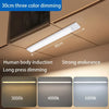 A white LED light bar with three color dimming options is shown mounted under a cabinet, demonstrating 30cm dimming capabilit