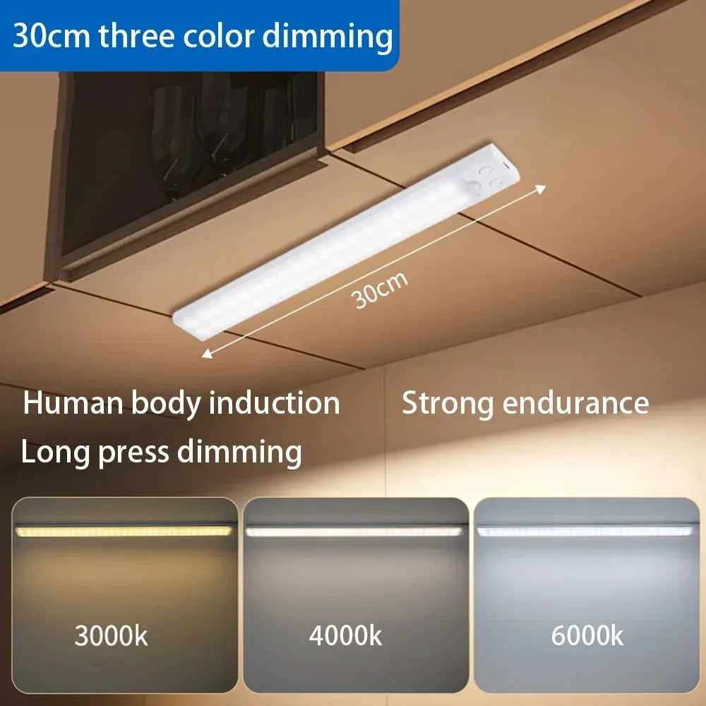 A white LED light bar with three color dimming options is shown mounted under a cabinet, demonstrating 30cm dimming capabilit