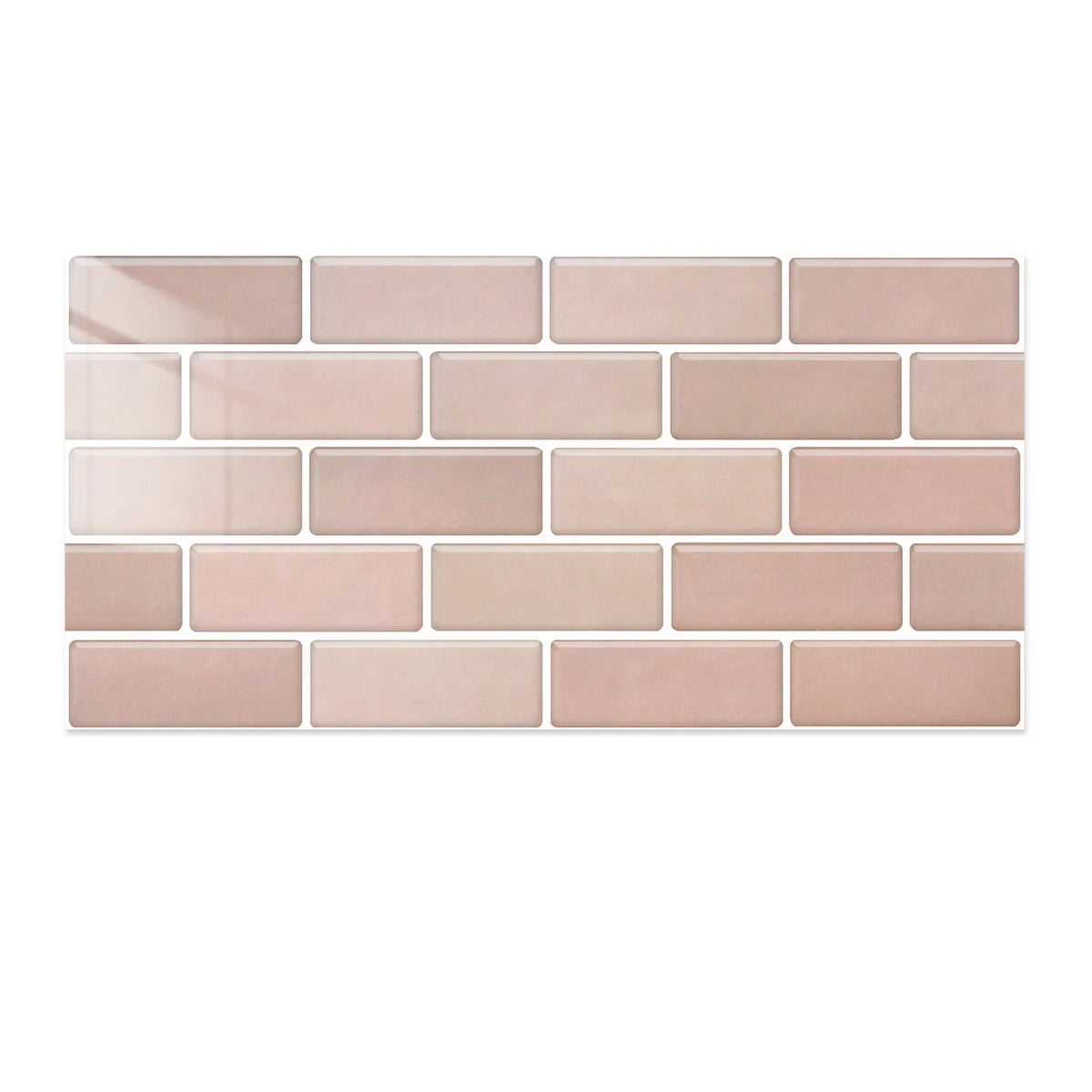 A rectangular mosaic of light pink glossy tile wall stickers in a stacked brick pattern.