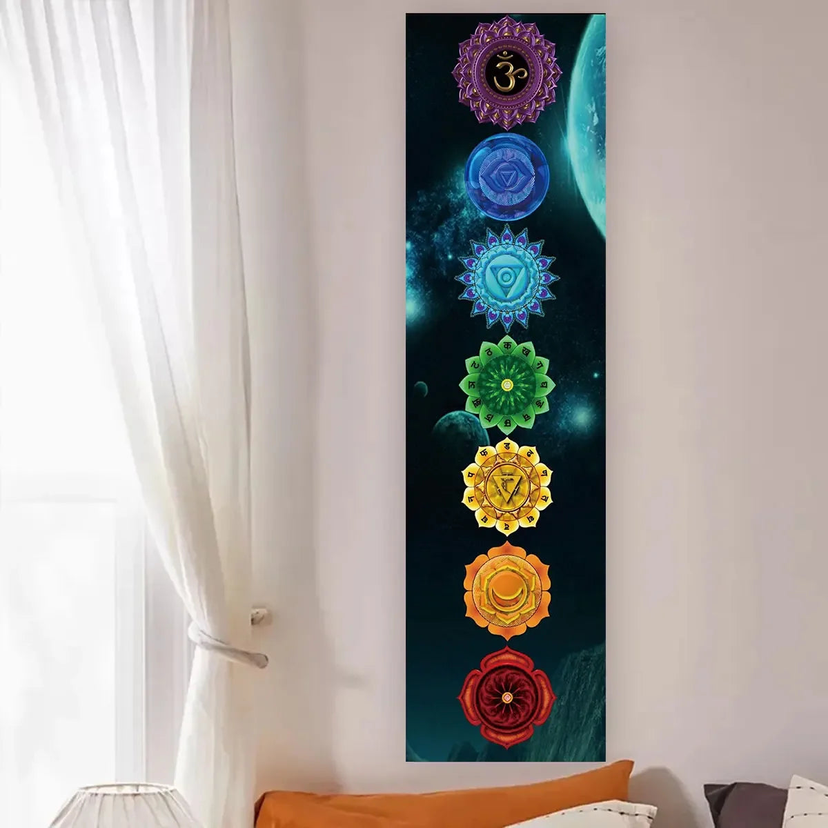 Vertical tapestry featuring a series of colorful chakra symbols in purple, blue, green, yellow, and red tones.