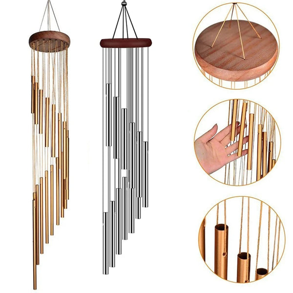 A set of twelve aluminum tubes with gold and silver bells hanging in various decorative arrangements.