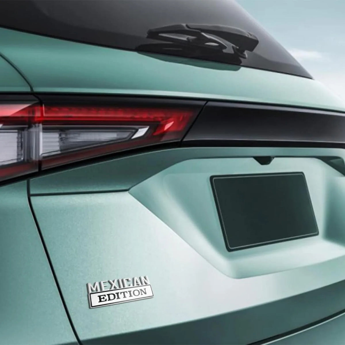 Close-up of a teal car emblem decal on the rear quarter panel of a vehicle.