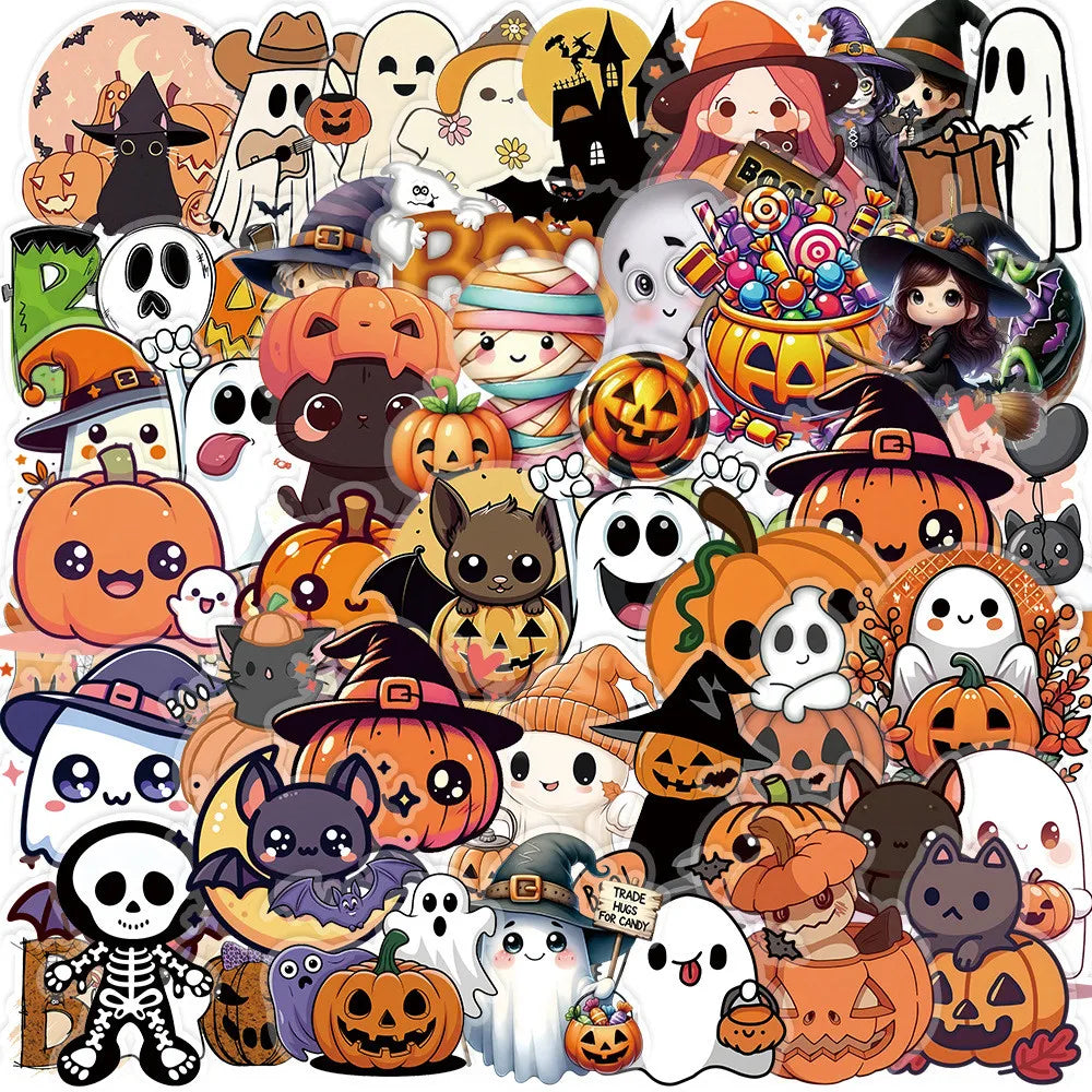 A colorful collection of transparent DIY stickers featuring Halloween and cute characters on various backgrounds.