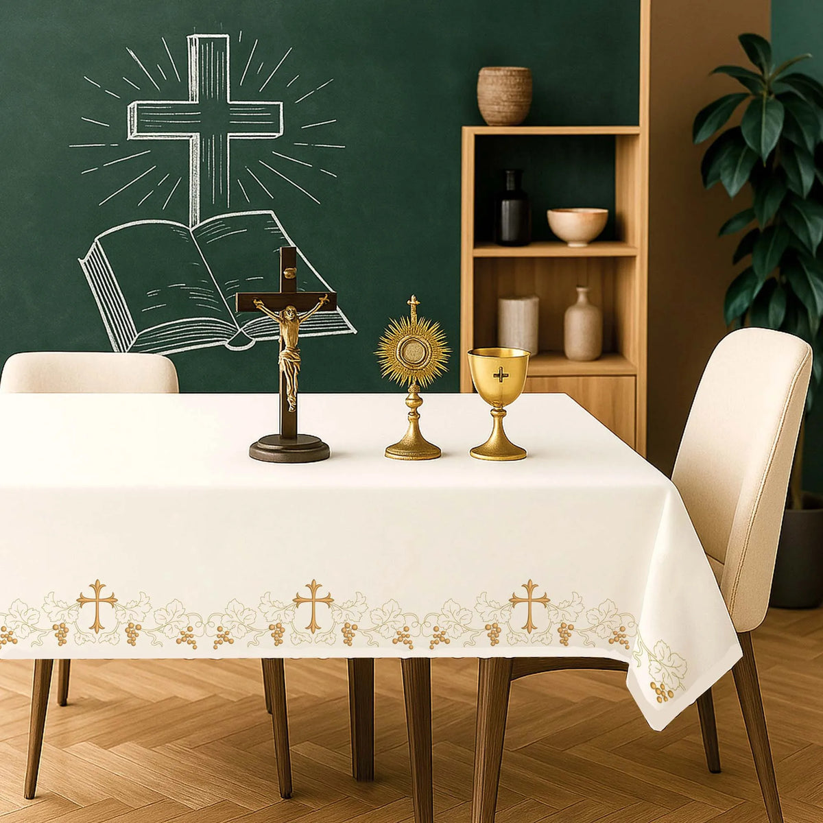 Elegant white and gold church tablecloth set on a wooden table with a green chalkboard background