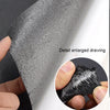 Detail drawing of a gray self-adhesive PU leather furniture repair patch being applied to a surface.