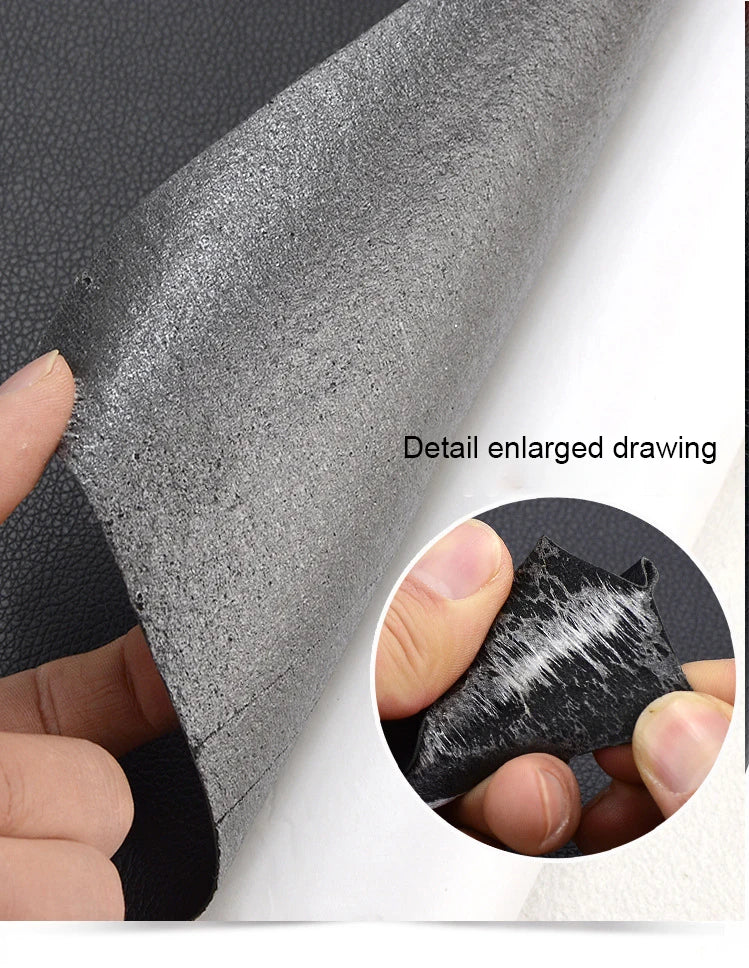 Detail drawing of a gray self-adhesive PU leather furniture repair patch being applied to a surface.