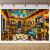 A vibrant Mexican carnival theme backdrop featuring colorful banners, potted plants, and a wooden doorway.