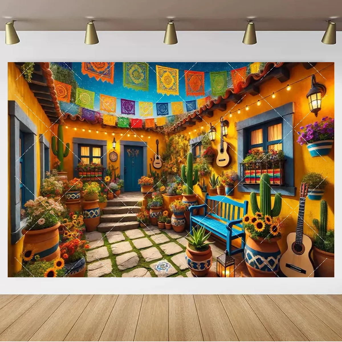 A vibrant Mexican carnival theme backdrop featuring colorful banners, potted plants, and a wooden doorway.