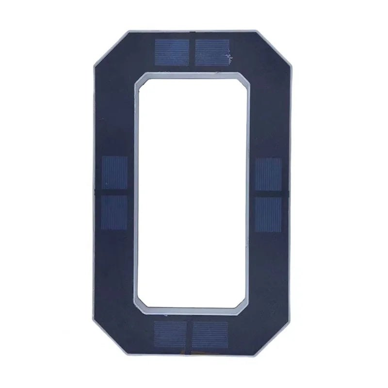 Señal de número de casa rectangular azul oscuro solar con marco claro y pequeñas células solares en los bordes superior e inf