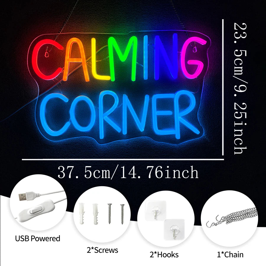 Multicolor LED neon sign shaped like a corner with the words CALMING CORNER and various hardware included