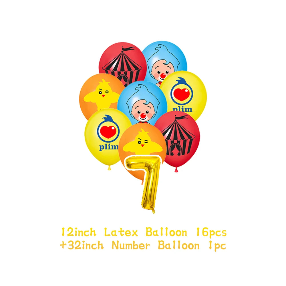 A set of colorful latex balloons featuring cartoon animal faces and the number seven.