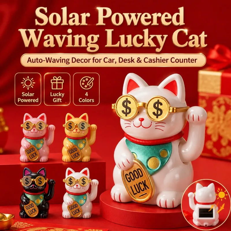 A white cat figurine with gold accents and sunglasses is shown next to other lucky cat ornaments on a red surface.